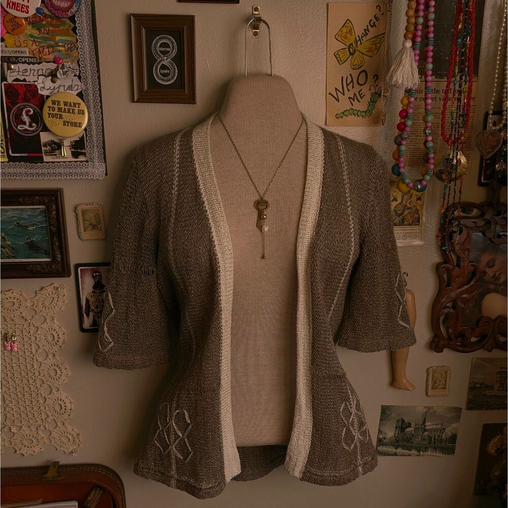Vintage Mary Farrin Crochet Knit Cardigan Women's Small Light Brown Cream 70s